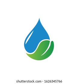 water drop with leaf logo design with blue color on water and green color on leaf isolated on white background