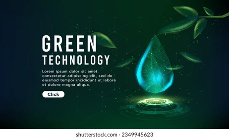 Water drop from leaf of tree.Low polygon.Green technology and science concept, ecology system.Hi-tech and futuristic.Digital and technology concept background.