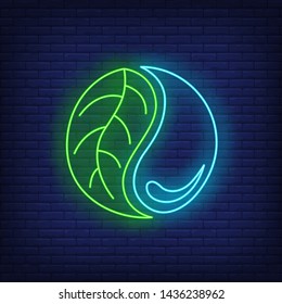 Water drop and leaf yin yang neon sign. Ecology, balance, tao design. Night bright neon sign, colorful billboard, light banner. Vector illustration in neon style.