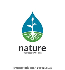 Water Drop with Leaf/Shoots Vector for Garden / Plant Innovation Logo. Flat Style. Nature Symbol. Modern Bio Design