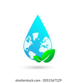 Water drop with leaves and globe vector icon illustration, eco concept