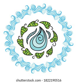 Water drop and leaves. Vector illustration