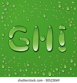 Water drop letters isolated on green background