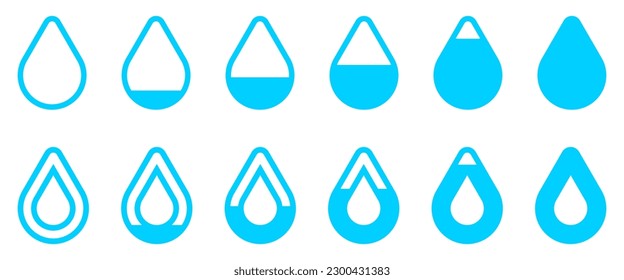 Water drop level icon set. From zero to full