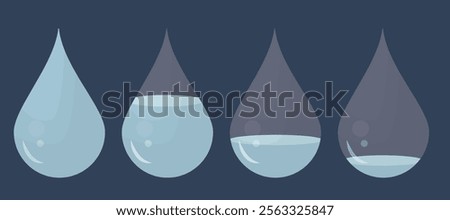 Water Drop Levels Showing Decreasing Progression. Four water droplets illustrate decreasing water levels, symbolizing concepts like depletion, conservation, measurement, or environmental decline.