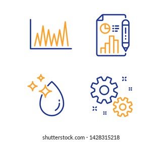 Water drop, Line graph and Report document icons simple set. Work sign. Crystal aqua, Market diagram, Growth chart. Settings. Science set. Linear water drop icon. Colorful design set. Vector