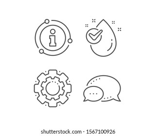 Water drop line icon. Chat bubble, info sign elements. Clean aqua with check sign. Liquid symbol. Linear water drop outline icon. Information bubble. Vector
