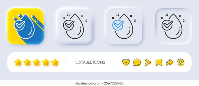 Water drop line icon. Neumorphic, Flat shadow, 3d buttons. Clean aqua with check sign. Liquid symbol. Line water drop icon. Social media icons. Vector