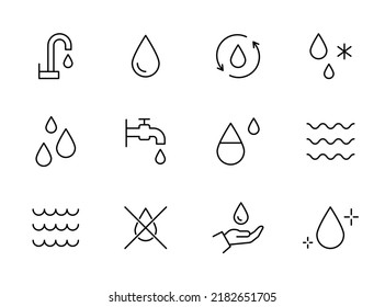 Water drop line icon set. Sea, ocean, shower pictogram. Editable stroke thin line water icon. Vector illustration