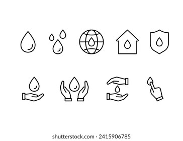 Water drop, line icon set. Safe clean water. Global water supply. Editable stroke. Vector outline illustration