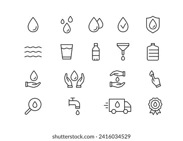 Water drop, line icon set. Research, safe clean water. Bottle and Glass. Delivery. Editable stroke. Vector outline illustration