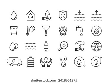 Water drop, line icon set. Safe clean water. Bottle and Glass. Delivery. Editable stroke. Vector outline illustration