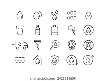 Water drop, line icon set. Research, safe clean water. Bottle and Glass. Delivery. Editable stroke. Vector outline illustration