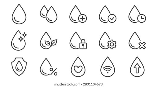 Water drop line icon set. Clear liquid sparkle, waterproof material, eco drink, watering control, blood health, moisturizing cream vector illustration. Thin linear signs. Editable Stroke pictogram.