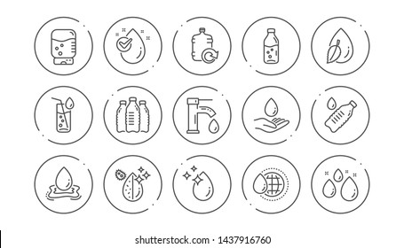 Water Drop Line Icons. Bottle, Antibacterial Filter And Tap Water. Clean Water Linear Icon Set. Line Buttons With Icon. Editable Stroke. Vector