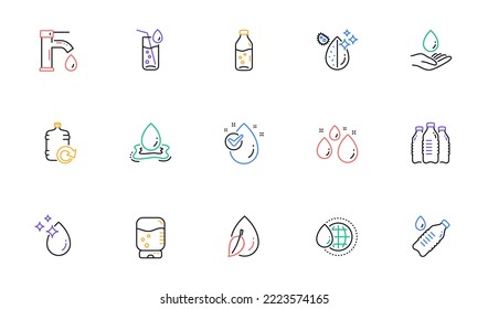 Water drop line icons. Bottle, Antibacterial filter and Tap water. Clean water linear icon set. Bicolor outline web elements. Vector