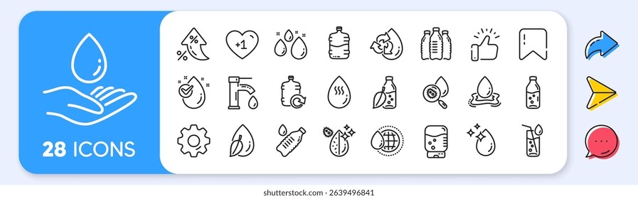 Water drop line icons. Interest rate, AI generate, Inflation icons. Set of Bottle, Antibacterial filter and Tap water linear icons. Bacteria, Cooler and Refill barrel bottle. Vector