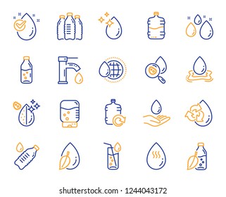 Water drop line icons. Set of Bottle, Antibacterial filter and Tap water linear icons. Bacteria, Cooler and Refill barrel bottle. Liquid drop, antibacterial cleaner and drink machine, tap. Vector