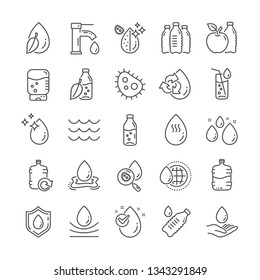 Water drop line icons. Set of Antibacterial filter, Bottle and Tap water linear icons. Bacteria, Cooler and Refill barrel bottle. Liquid drop, antibacterial cleaner and drink machine, tap. Vector