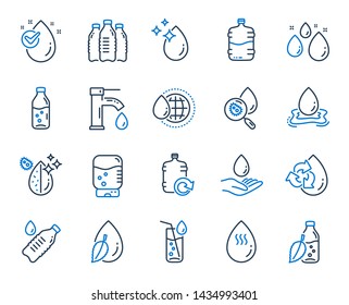 Water drop line icons. Set of Bottle, Antibacterial filter and Tap water linear icons. Bacteria, Cooler and Refill barrel bottle. Liquid drop, antibacterial cleaner and drink machine, tap. Vector