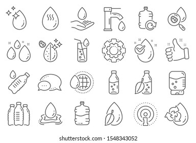 Water drop line icons. Set of Bottle, Antibacterial filter and Tap water linear icons. Bacteria, Cooler and Refill barrel bottle. Liquid drop, antibacterial cleaner and drink machine, tap. Vector