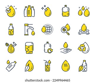 Water drop line icons. Set of Bottle, Antibacterial filter and Tap water linear icons. Bacteria, Cooler and Refill barrel bottle. Liquid drop, antibacterial cleaner and drink machine, tap. Vector