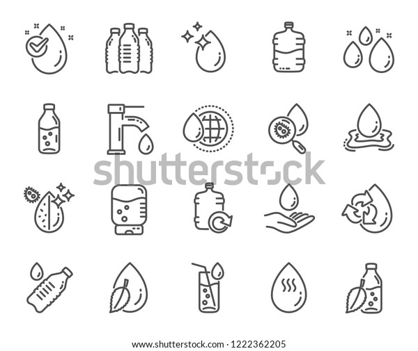 Water drop line icons. Set of Bottle,\
Antibacterial filter and Tap water linear icons. Bacteria, Cooler\
and Refill barrel bottle. Liquid drop, antibacterial cleaner and\
drink machine. Vector
