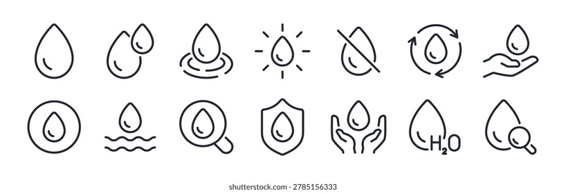 Water drop and liquid related editable stroke outline icons set isolated on white background flat vector illustration.