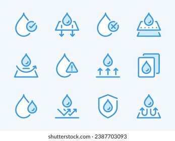 Iconos de línea vectorial líquida y de caída de agua. Juego de iconos de esquema de Droplet y Aqua. Protección de tejidos, precipitación, impermeable, resistente a la humedad y más.