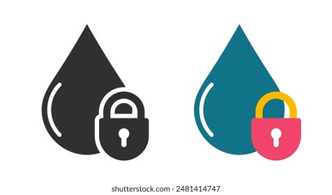 Water drop lock security icon vector graphic set, aqua access safety padlock pictogram illustration symbol black white and blue sign image clip art