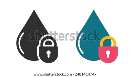 Water drop lock security icon vector graphic set, aqua access safety padlock pictogram illustration symbol black white and blue sign image clip art
