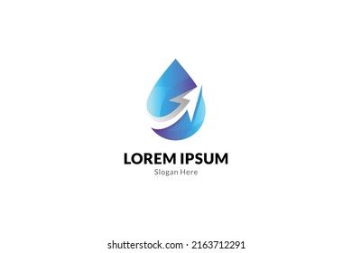 Logo de la gota de agua con forma de flecha. Símbolo de empresa de agua potable, energía natural, minería de petróleo, combustible. Gradiente azul simple concepto plano