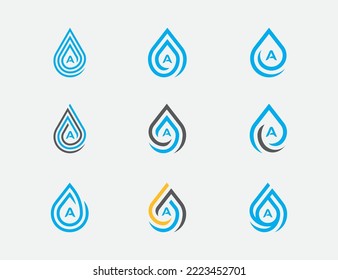 Water Drop Logo Bundle Set Concept sign icon symbol Element Design with initial Letter A. Aqua, Cleaning, Plumbing, Plumber, Droplet Logotype. Vector illustration logo template