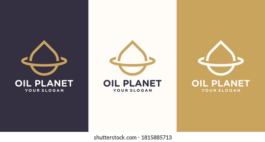 Diseño del logotipo de gota de agua combinado con un anillo planetario. planeta de aceitunas. conjunto de logotipos y diseño de tarjetas de visita