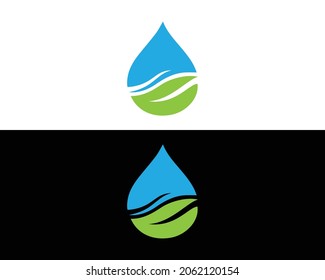 Water Drop Logo Design With Leaf Vector Icon Illustration.