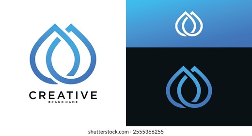 Water drop logo design with linear style. Aqua blue droplet lines icon. Premium Vector