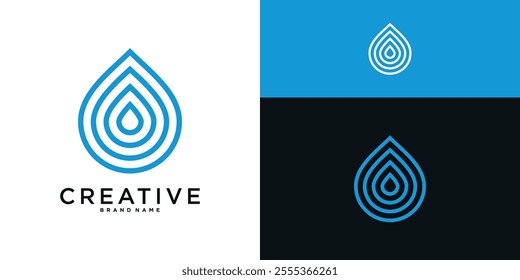 Water drop logo design with linear style. Aqua blue droplet lines icon. Premium Vector