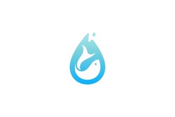 Water Drop Logo With Fish Combination In Blue Gradient Color Flat Design Style