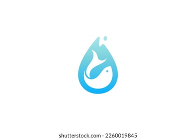 Water drop logo with fish combination in blue gradient color flat design style