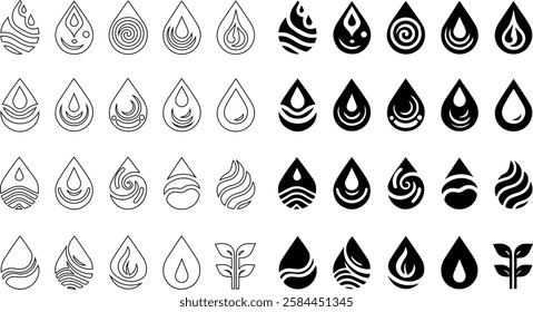 Water drop logo icon and outline design vector and silhouette vector