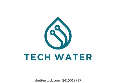 Logo de gota de agua con símbolo de icono de la tecnología de circuito de forma de línea.