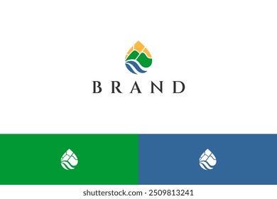 water drop logo with mountain and river inside