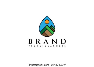 Logotipo de gota de agua con vista de montaña combinado en un diseño plano colorido