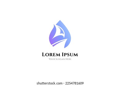water drop logo with sailing ship shape in natural design logo