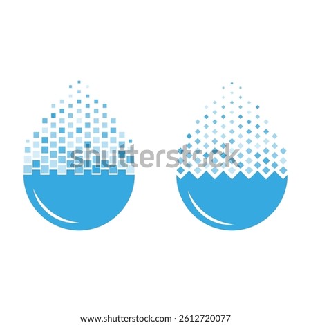 Water drop logo set with pixel dispersion effect representing clean technology, smart purification, digital tech fluid systems, and innovative environmental solutions.