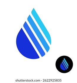 Símbolo de logotipo gota d'água feito em cores azuis com linhas divididas. Água doce com conceito de vários minerais.
