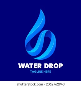 Water drop logo template. Abstract ribbon on blue background. Stock vector emblem.