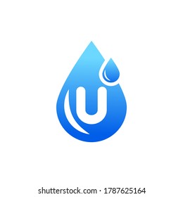 Water drop logo with U letter.U letter water drop logo.Blue water drop U letter logo.U letter logo with water drop