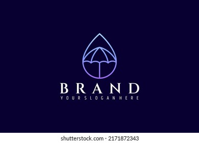 logotipo de gota de agua con combinación de paraguas en estilo de diseño de arte de línea azul