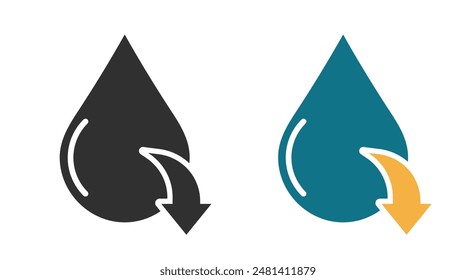 Water drop low level icon, moisture decrease arrow down sign vector graphic simple pictogram design set, drought symbol black white and blue color flat cartoon image clip art
